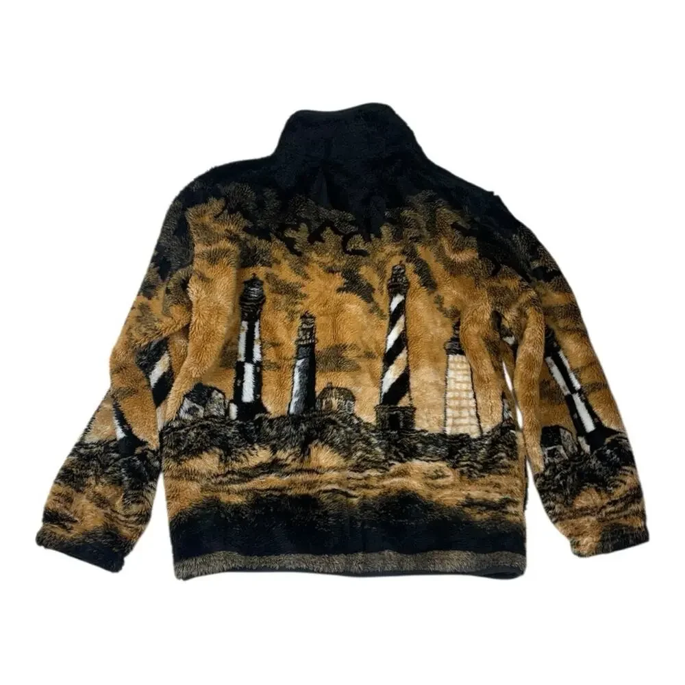 Whimzicals size large USA Lighthouse Print Fleece Jacket zip up long sleeve